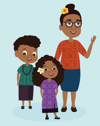 Pacific illustration featuring two students standing next to their teacher